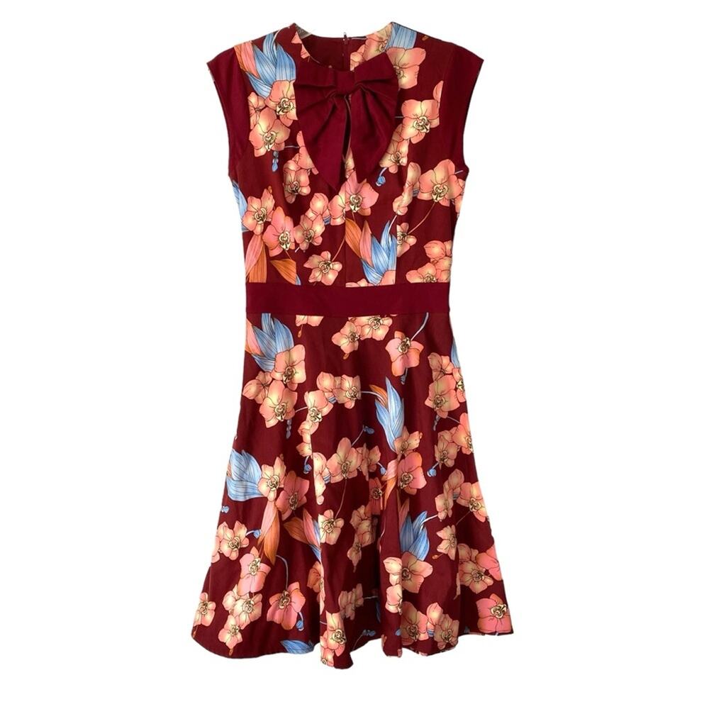 Voodoo Vixen Bow Front Floral Burgundy Dress size small Pin Up